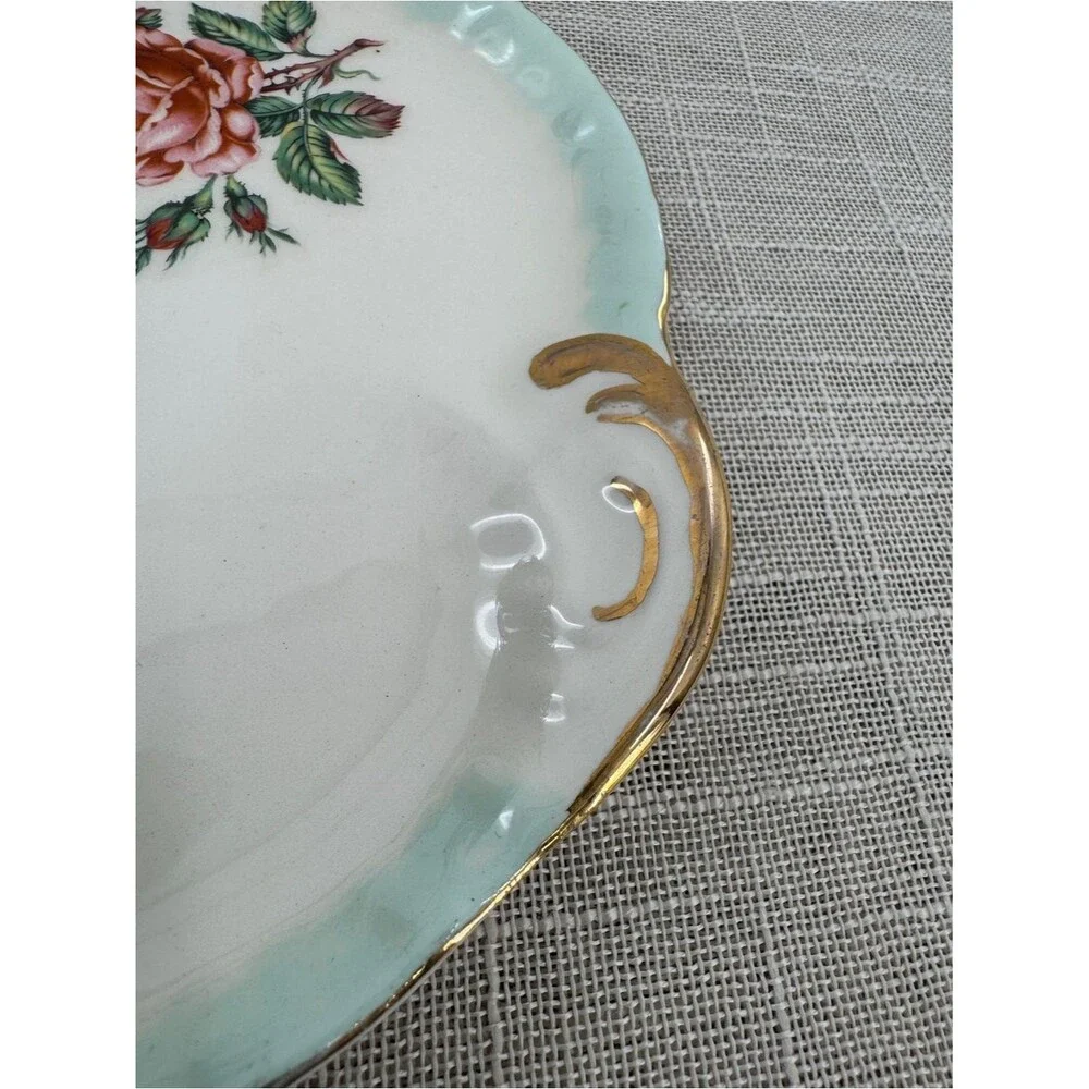 Vintage Floral Porcelain Tea Cup Tray Mint Green Gold Rose Serving Dish